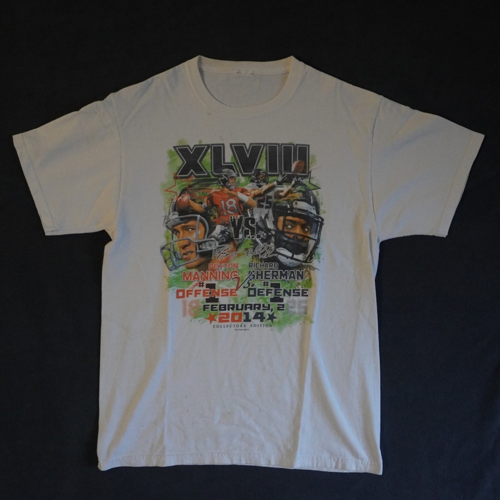 Super Bowl XLVIII T-Shirt Peyton Manning vs Richard Sherman 2014 White Large